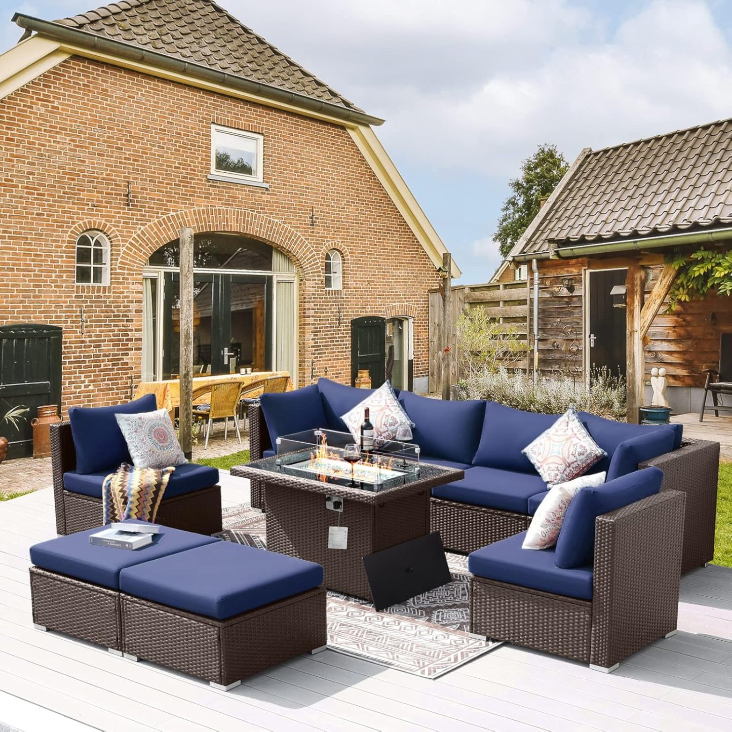 9 Piece Highback Patio Furniture Set with Fire Pit Table, Modern Modular Outdoor Sectional Couch Sofa with Ottoman, XL 8-Person Backyard Seating for Outside