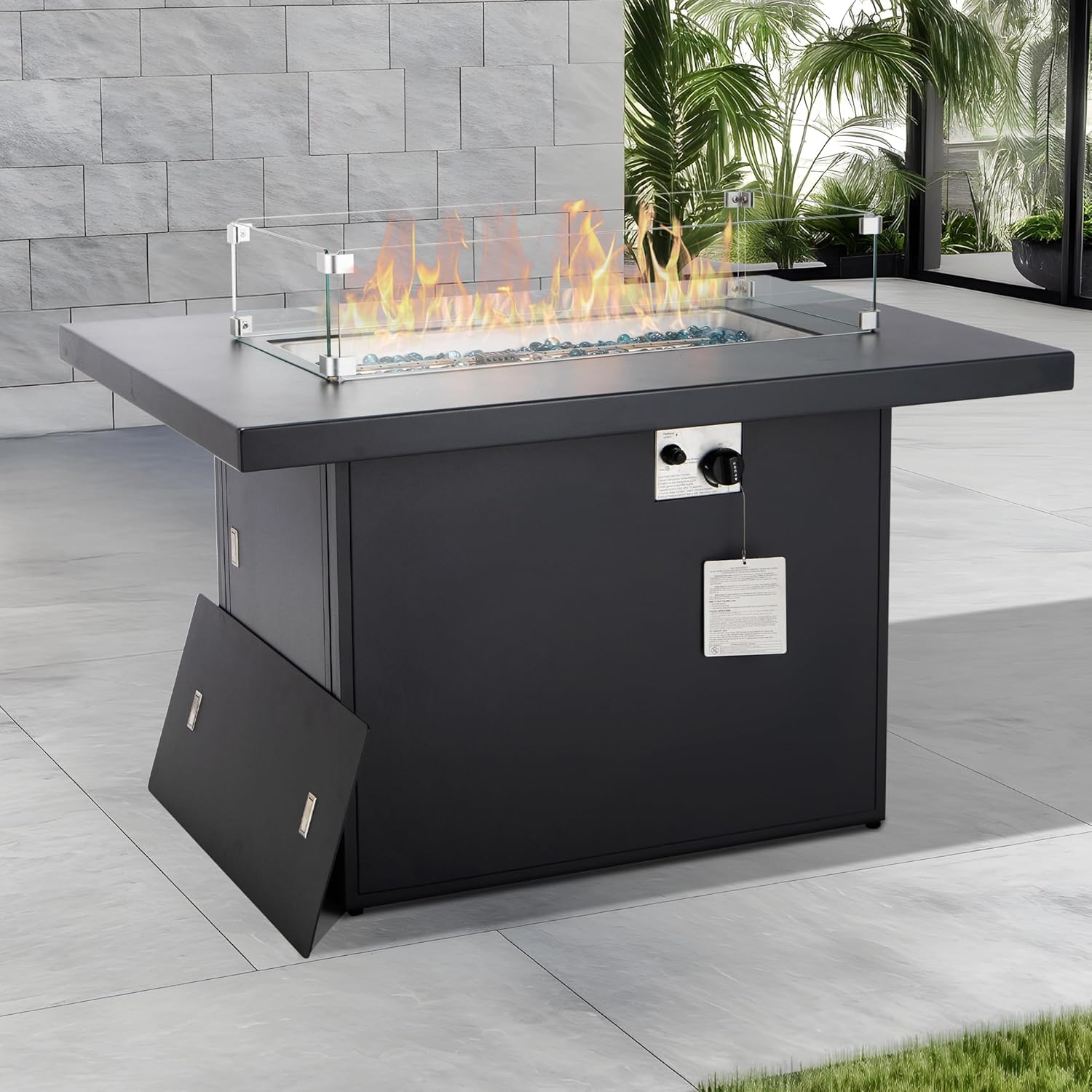 43" Aluminum Outdoor Propane Fire Pit Table, 60,000 BTU Rectangular Firepit Coffee Table with Wind Guard & Glass Stone, Large CSA Safety Approved Fireplace for Backyard Deck Garden