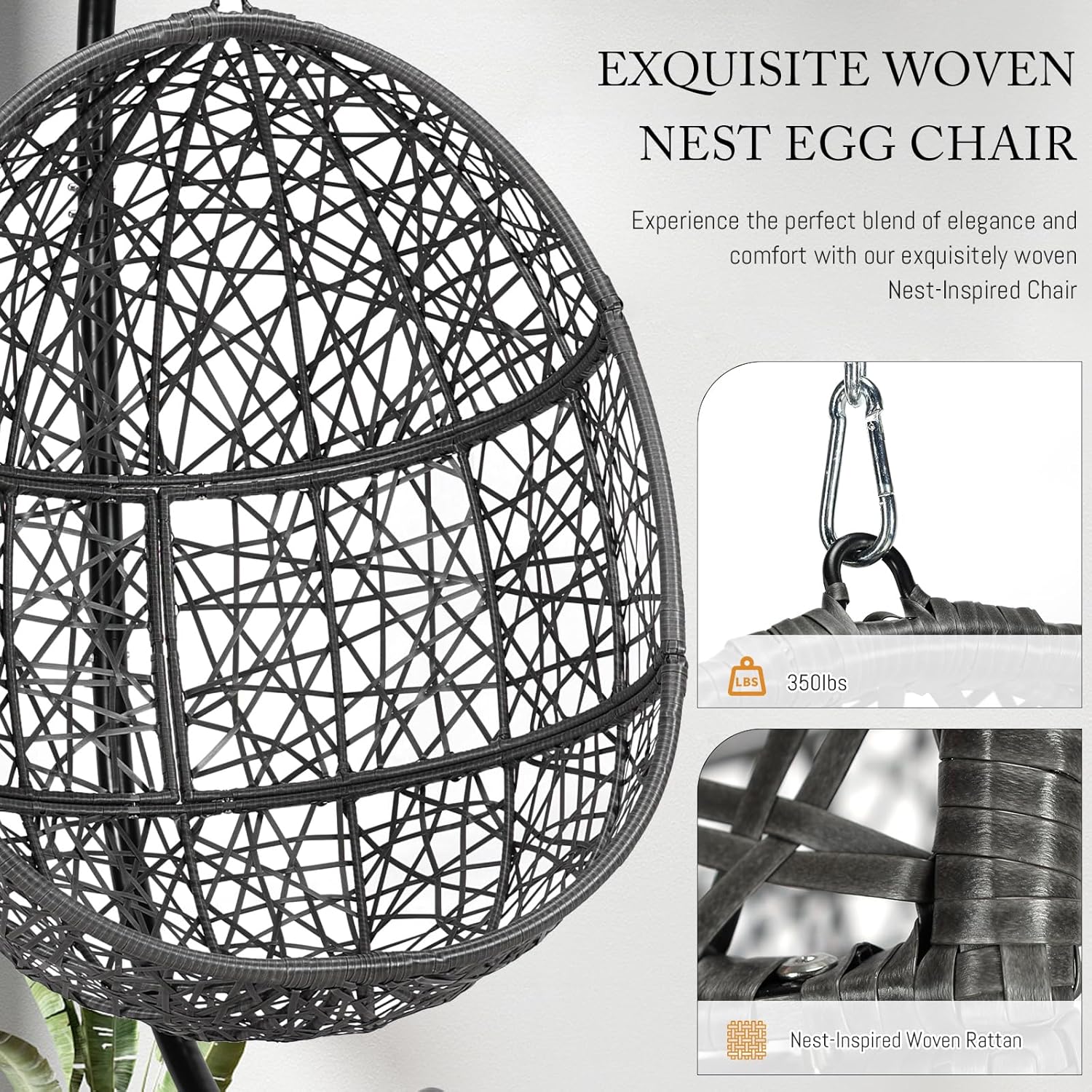 Oversized Hanging Egg Chair with Stand, Indoor Outdoor Grey Wicker Bird Cage Swing Chair, Patio Hammock Swinging Chair with Beige Cushion for Balcony