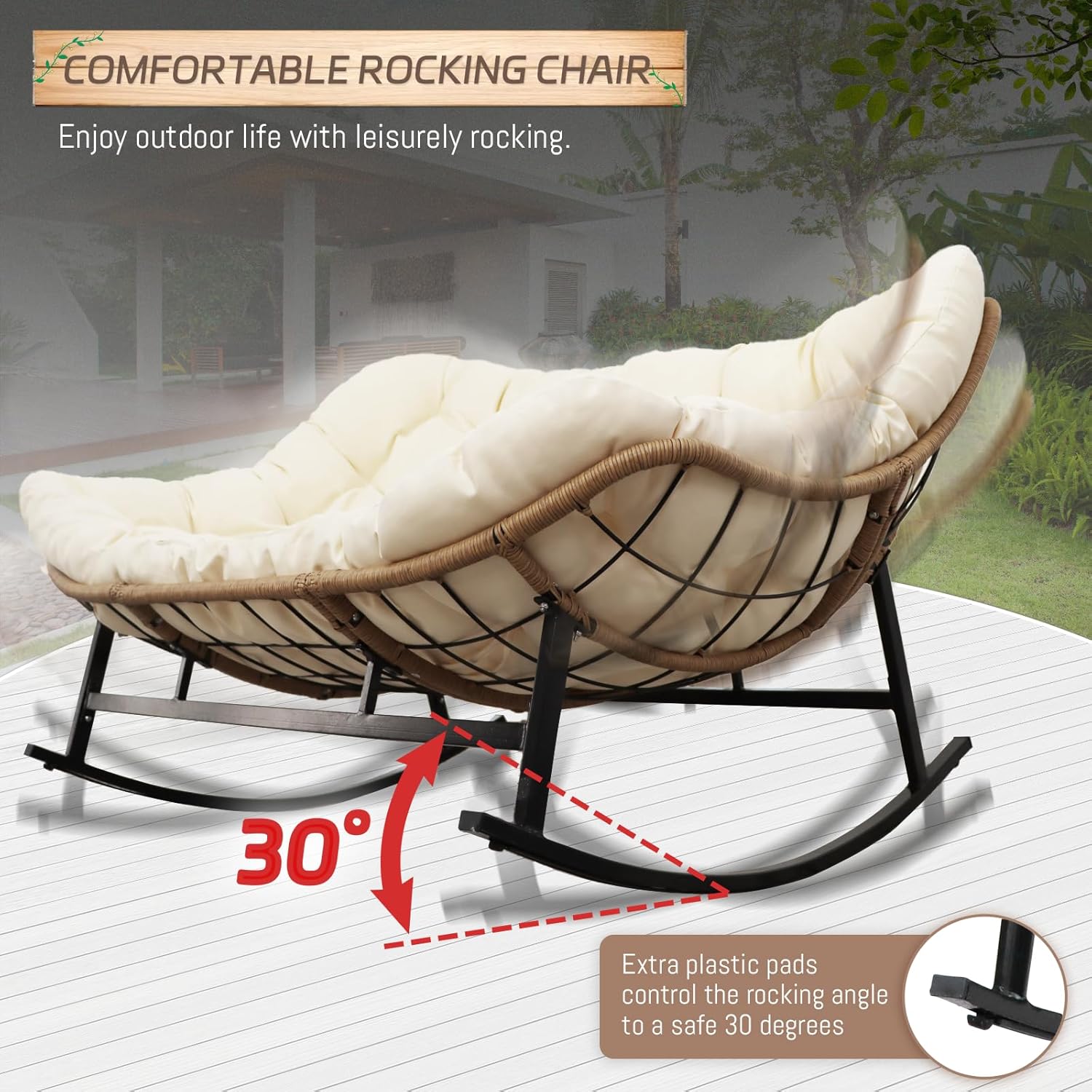 Double Wide Papasan Rocking Chair with Cushion, Oversized Rattan Rocking Egg Chair Outdoor for 2, Extra Large 700 lbs. Heavy Duty Royal Patio Lounge Loveseat