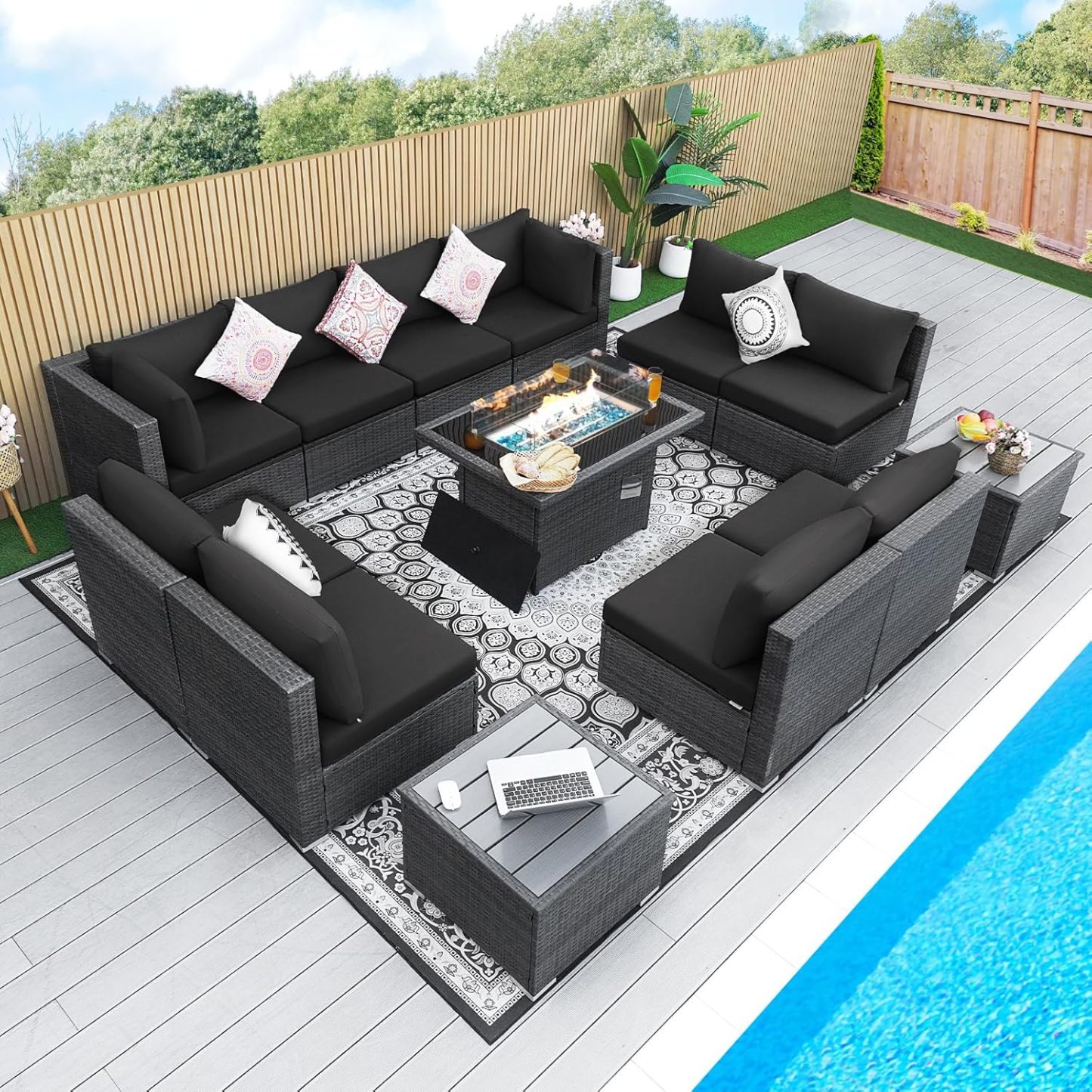 13 Piece High Back Grey Rattan Patio Set with Propane/Gas Firepit Table, Modern Extra Large Outdoor Furniture Wide Deep Seating Set
