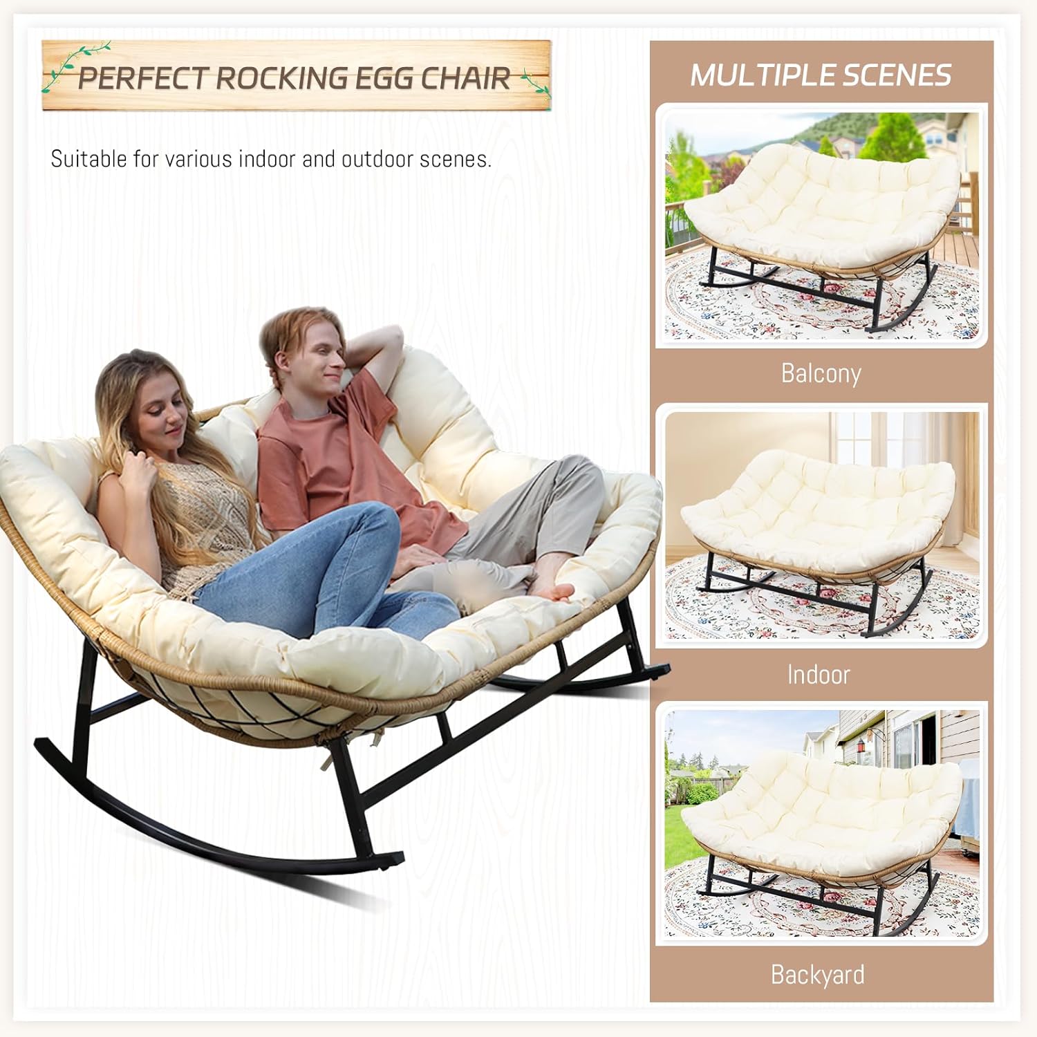 Double Wide Papasan Rocking Chair with Cushion, Oversized Rattan Rocking Egg Chair Outdoor for 2, Extra Large 700 lbs. Heavy Duty Royal Patio Lounge Loveseat