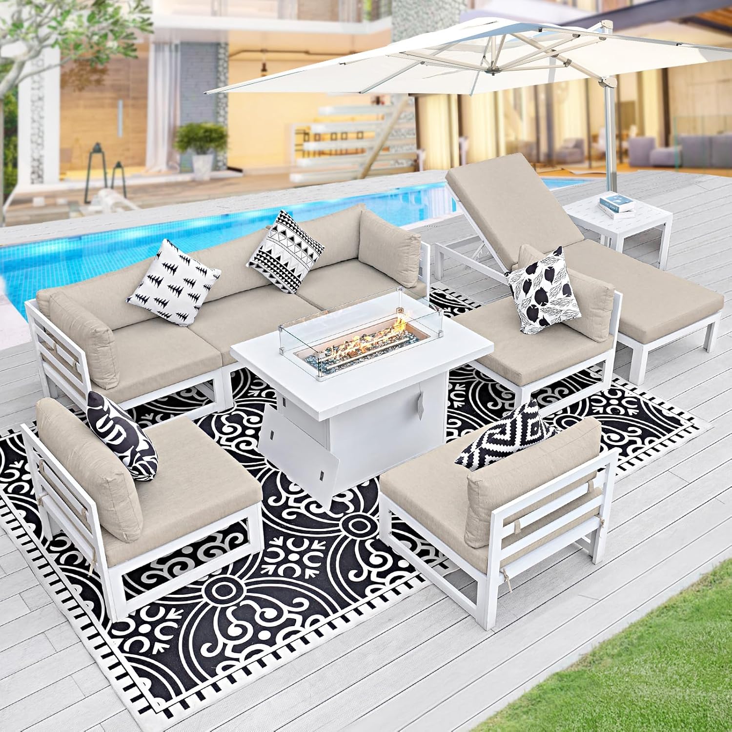 9 Piece Extra Large Luxurious Aluminum Outdoor Sectional Seating with Sun Lounger, All Weather Modular Patio Furniture Set, 500 lbs Heavy Duty Conversation Sofa