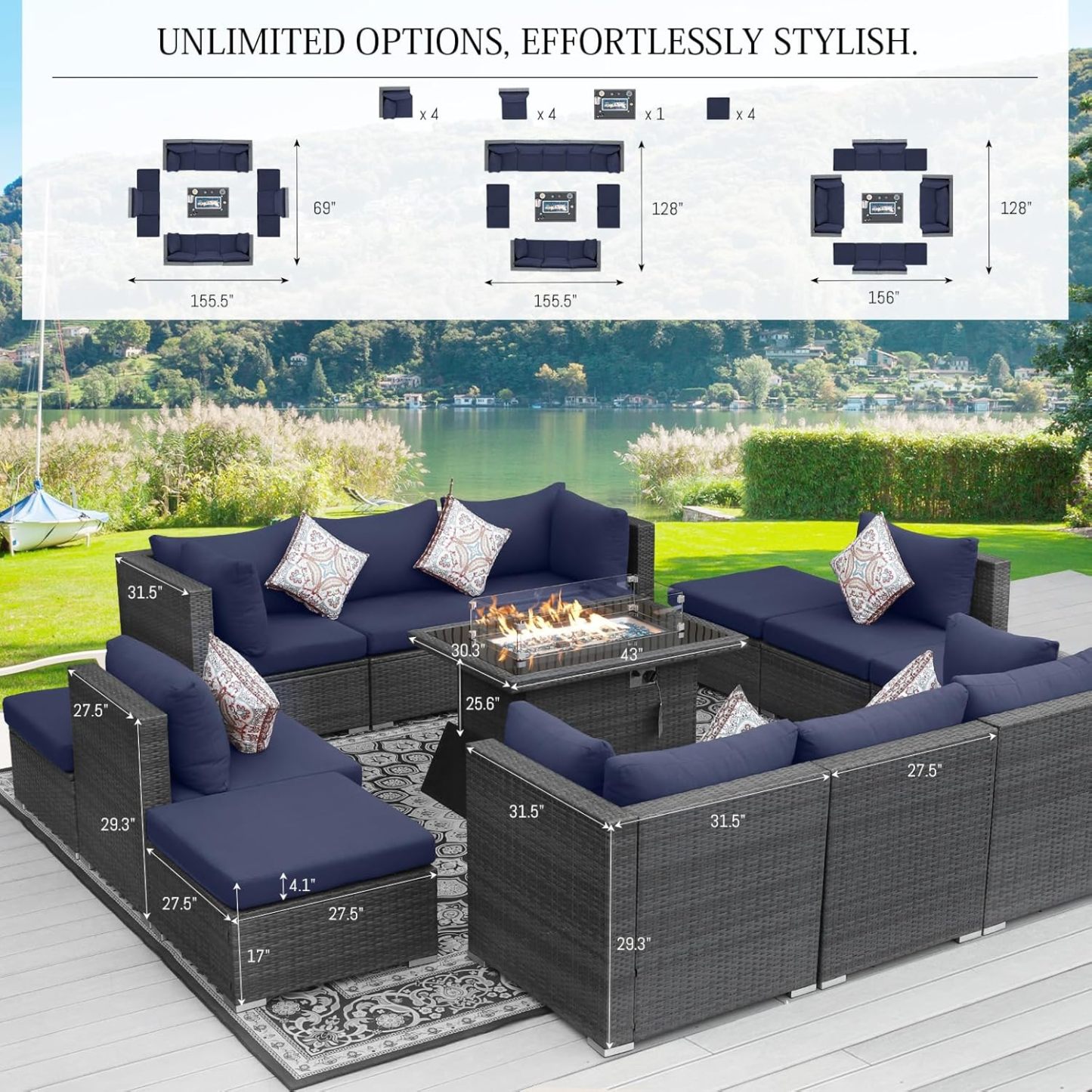 13 Piece High Back Large Outdoor Sectional Sets with Firepit, Extra Wide Deep Seat Patio Sets Modular, All-Weather High Weight Capacity Backyard Sitting Sets