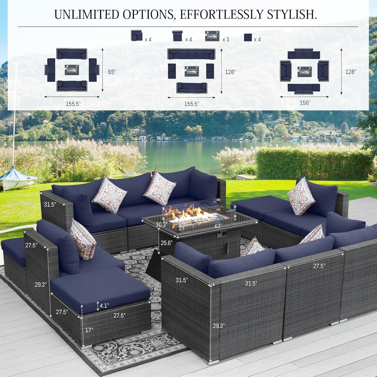 13 Piece High Back Large Outdoor Sectional Sets with Firepit, Extra Wide Deep Seat Patio Sets Modular, All-Weather High Weight Capacity Backyard Sitting Sets