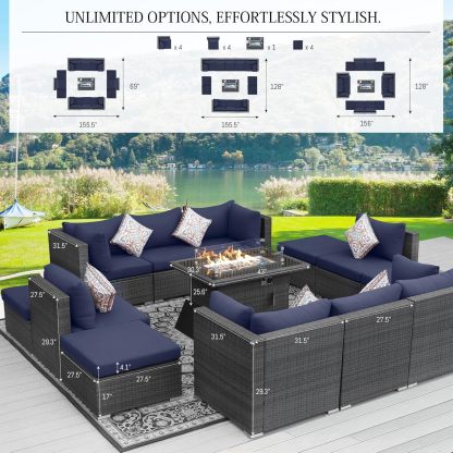 13 Piece High Back Large Outdoor Sectional Sets with Firepit, Extra Wide Deep Seat Patio Sets Modular, All-Weather High Weight Capacity Backyard Sitting Sets