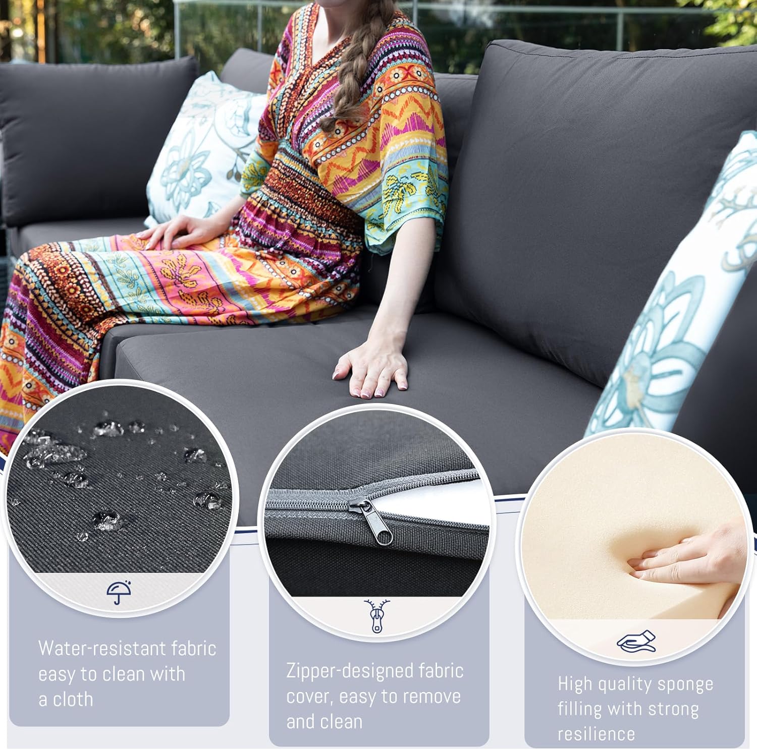 6 Pcs High Back Outdoor Patio Furniture Set with Fire Pit, Extra Large L-Shaped Deep Wide Backyard Sectional Seating