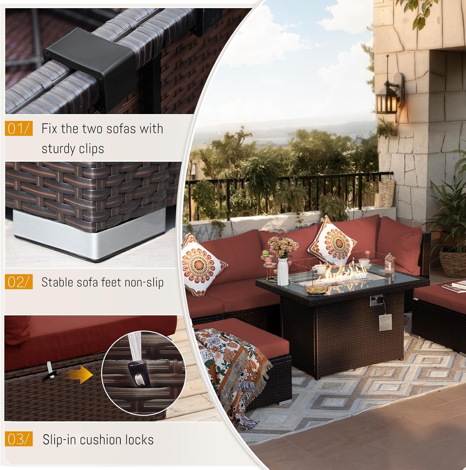 9 Pcs High Back Outdoor Sectional Set with Firepit Table, Modern Luxury Patio Furniture Seating Set, Oversized Wide Deep Modular 8-Seater Couch Sofa for Backyard