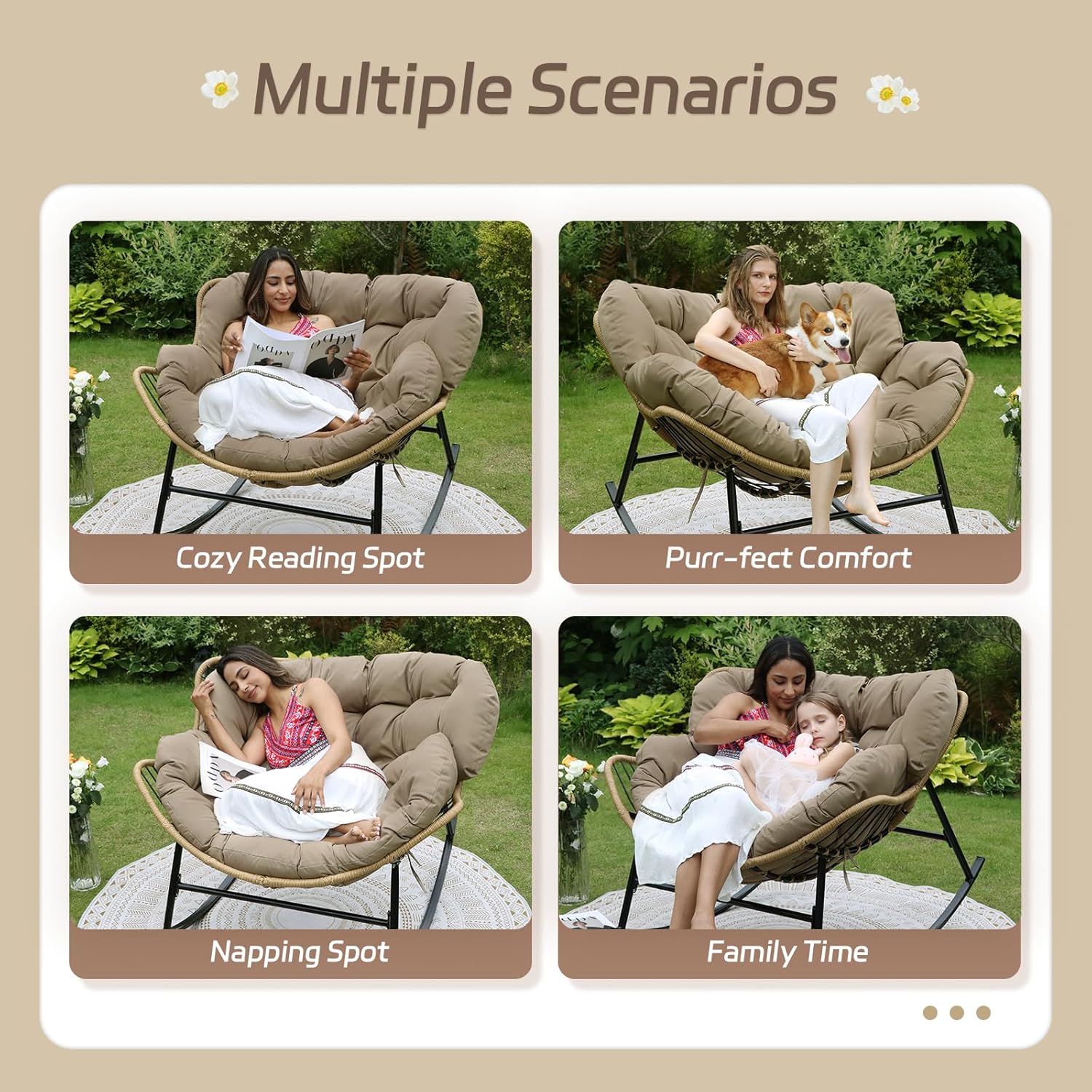 4 PCS Rocking Papasan Chair with Ottoman, 2 Person Patio Egg Rocker with Brown Cushion, Double Rocking Chair for Reading/Relaxing, Comfortable Wicker Recliner for Balcony, Porch, Garden