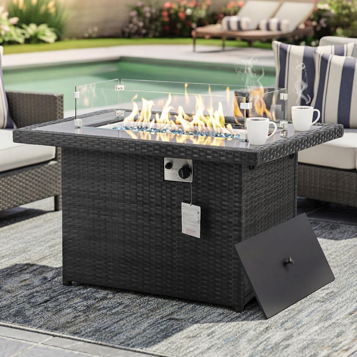 PE Wicker 43" Patio Outdoor Propane Fire Pit Table with Waterproof Cover 55,000 BTU Auto-Ignition Gas Fire Pit Table with 8mm Tempered Glass Table Top and Glass Stone