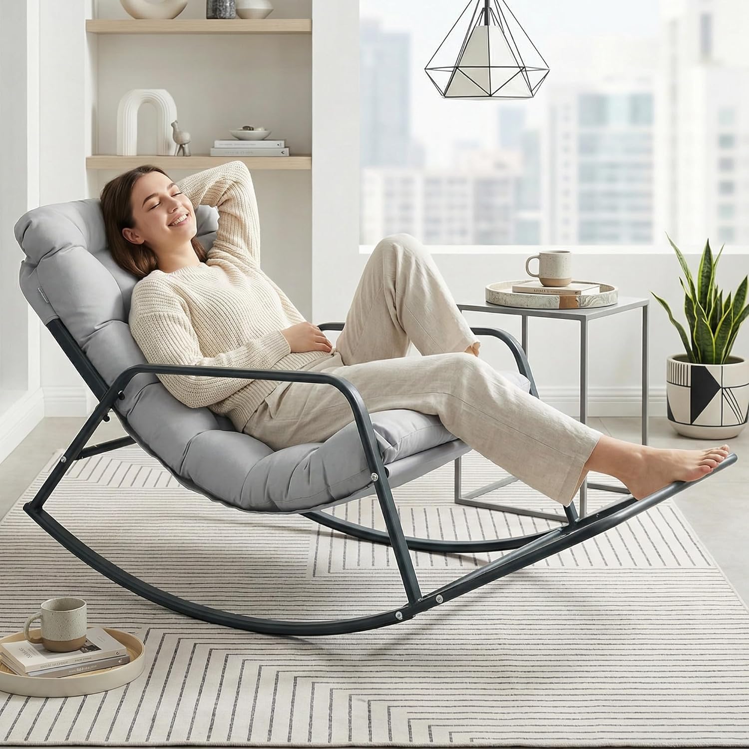 Oversized Indoor Outdoor Lounge Royal Rocking Chair with Armrest Footrest for Napping Relaxing, Heavy Duty Patio Reclining Papasan Rocker Chair