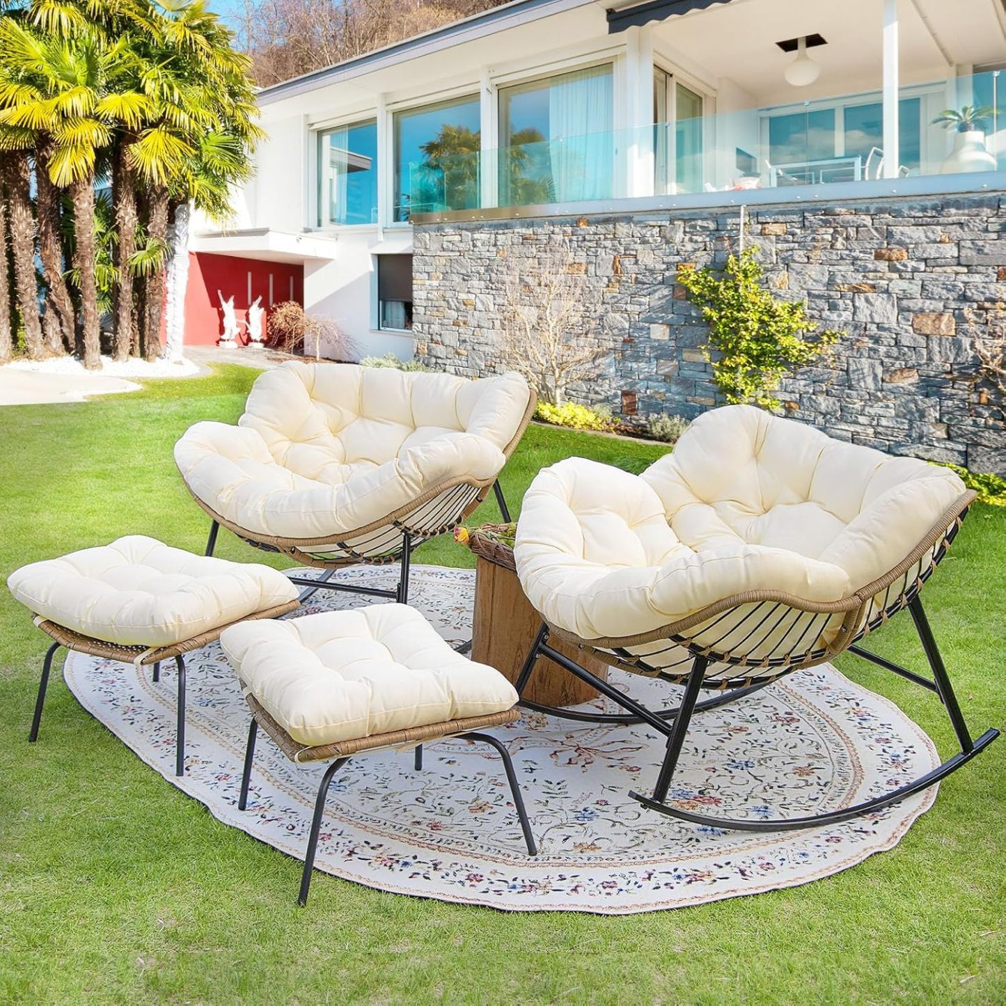 4 PCS Rocking Papasan Chair with Ottoman, 2 Person Patio Egg Rocker with Brown Cushion, Double Rocking Chair for Reading/Relaxing, Comfortable Wicker Recliner for Balcony, Porch, Garden