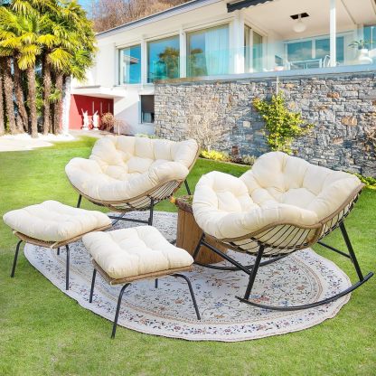 4 PCS Rocking Papasan Chair with Ottoman, 2 Person Patio Egg Rocker with Brown Cushion, Double Rocking Chair for Reading/Relaxing, Comfortable Wicker Recliner for Balcony, Porch, Garden