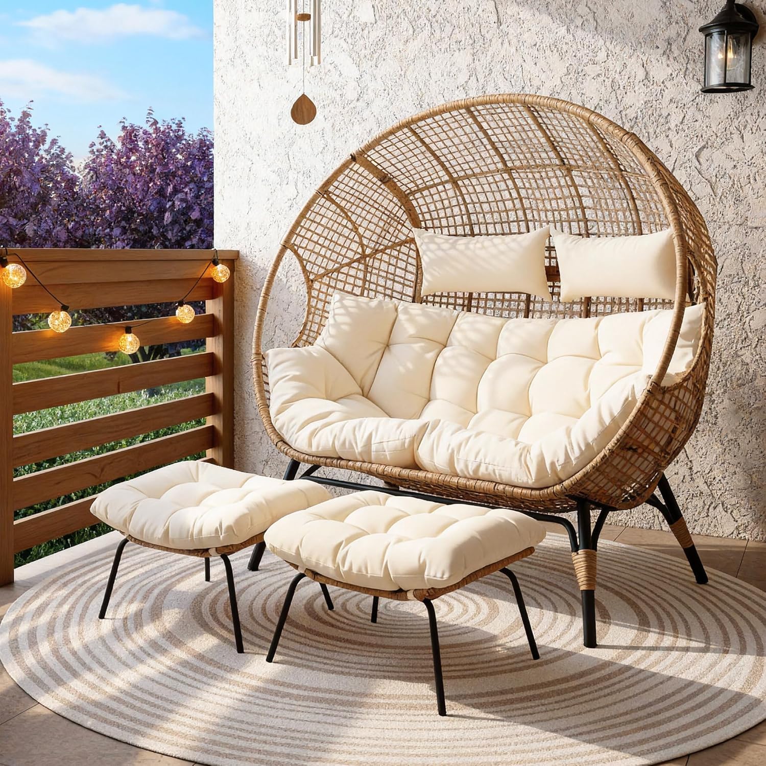 Double Egg Chair with Ottoman Indoor Outdoor 680lbs, 2 Person Brown Wicker Oversized Stationary Egg Chair with Beige Thick Cushion