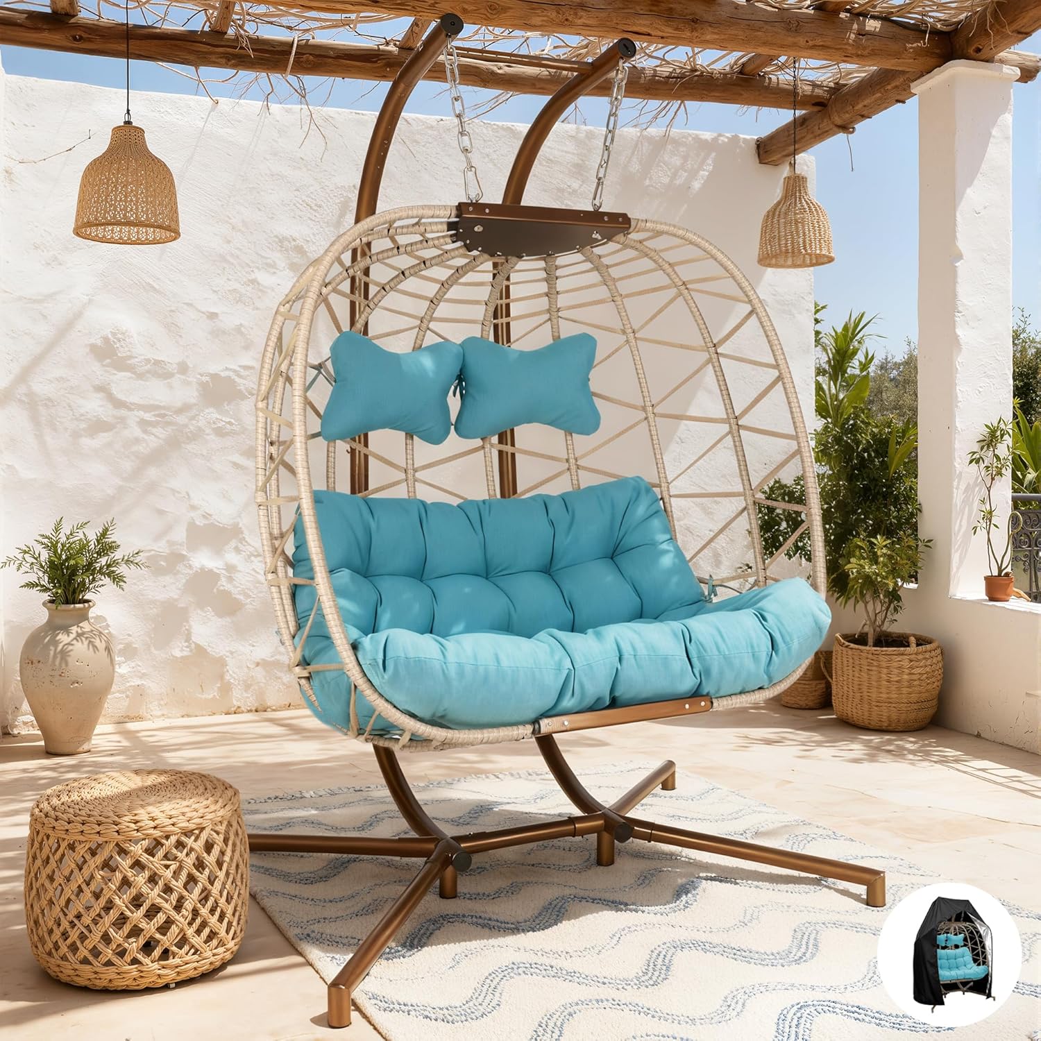 Double Egg Chair with Stand Indoor Outdoor 2 Person Large Wicker Hanging Swing Chair Oversized Twins Patio Loveseat 2 Seat Beige Rattan Light Green Cushions with Cover