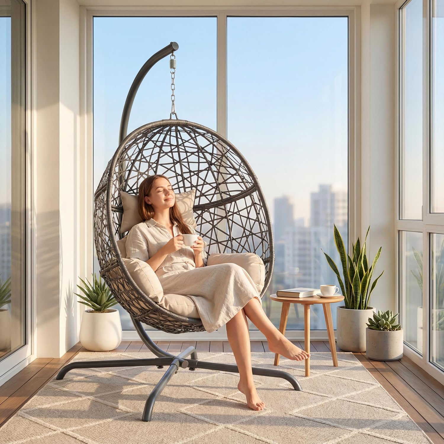 Oversized Hanging Egg Chair with Stand, Indoor Outdoor Grey Wicker Bird Cage Swing Chair, Patio Hammock Swinging Chair with Beige Cushion for Balcony