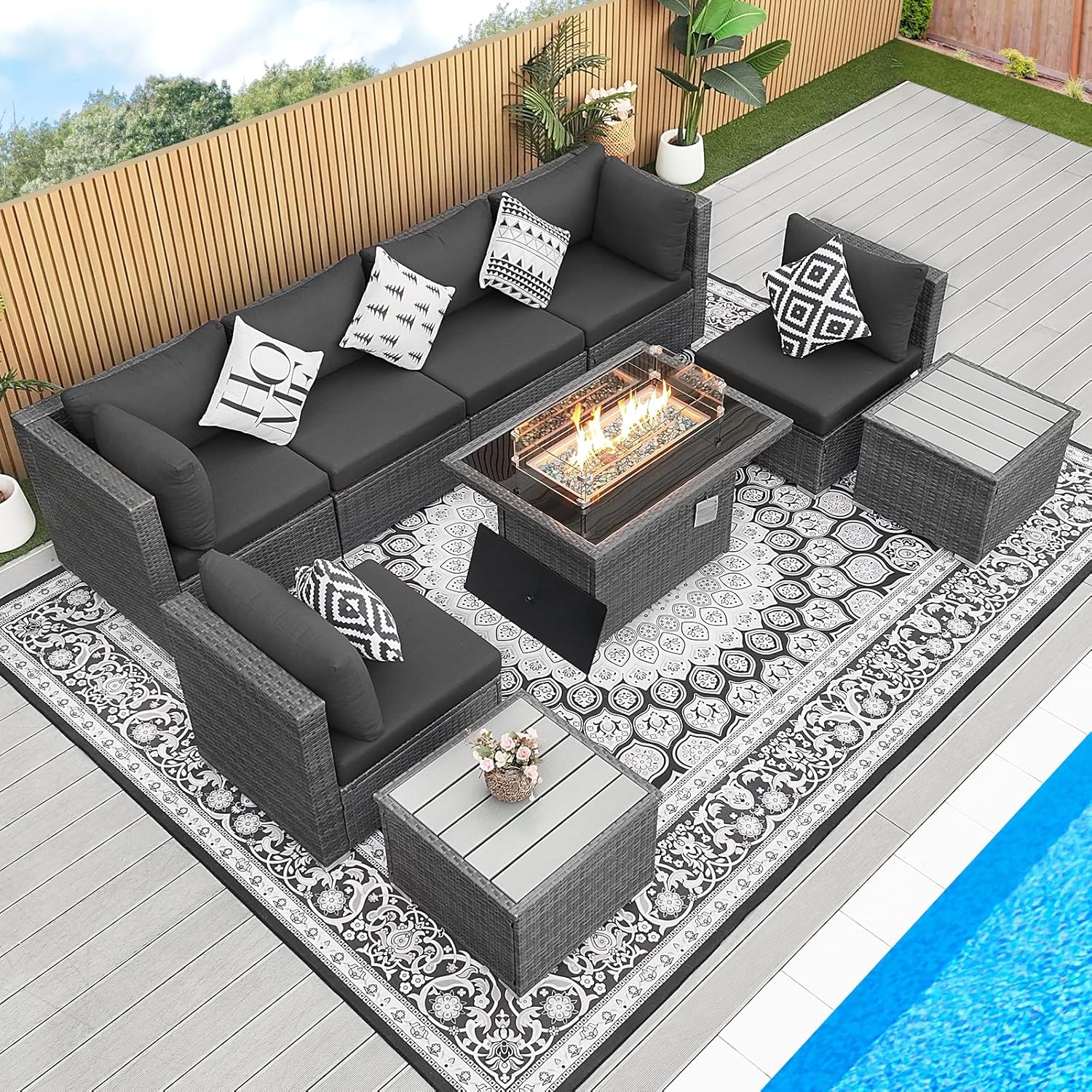 9 Piece High Back Grey Wicker Patio Furniture Set with Propane/Gas Fire Pit Table, Comfy Deep Wide Seat Outdoor Sectional Sofa