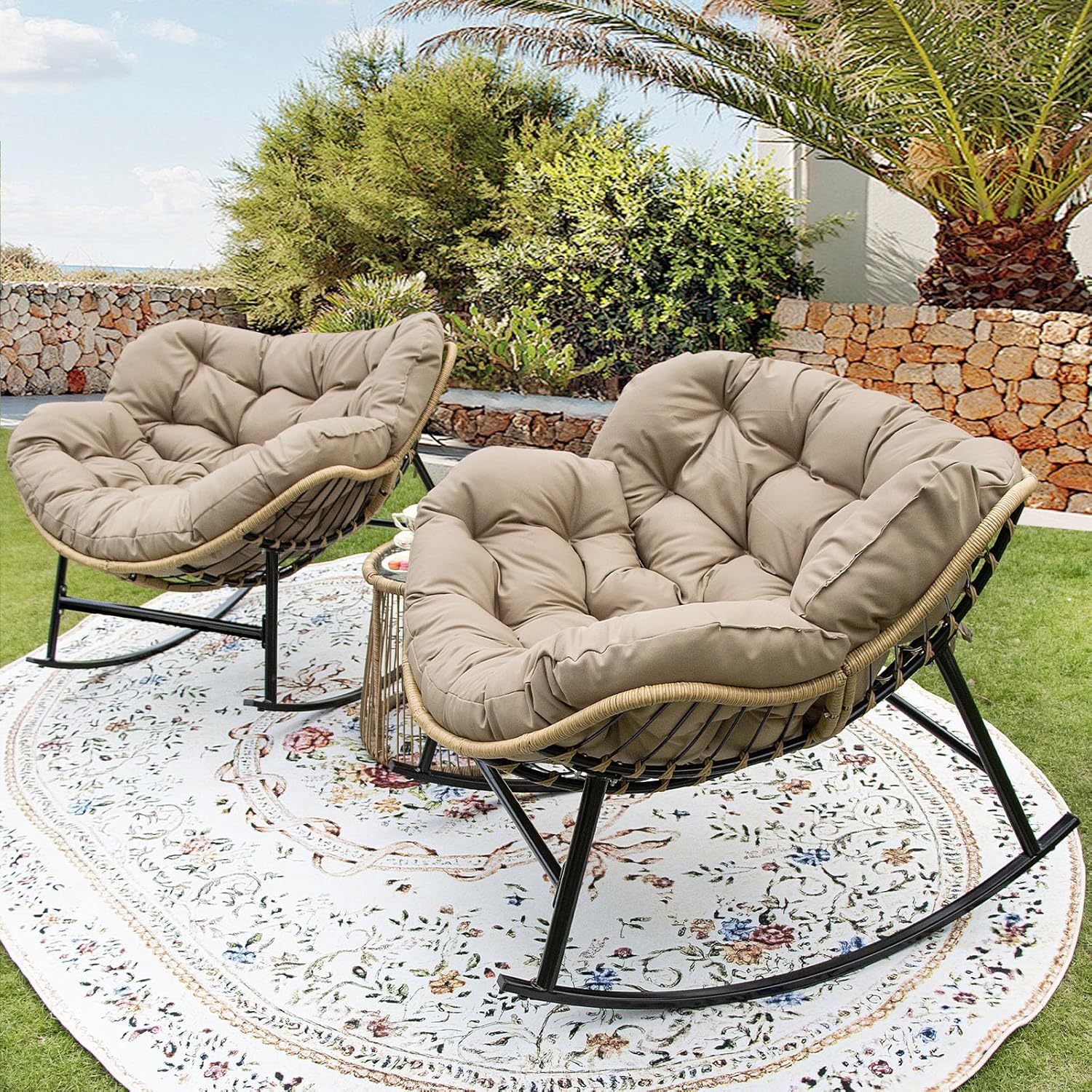 2 PCS Rocking Egg Chair Indoor Outdoor, Wicker Rattan Rocking Papasan Chairs with Thick Cushion, 450 Lbs Extra Wide Patio Rocker, Outdoor Furniture for Balcony