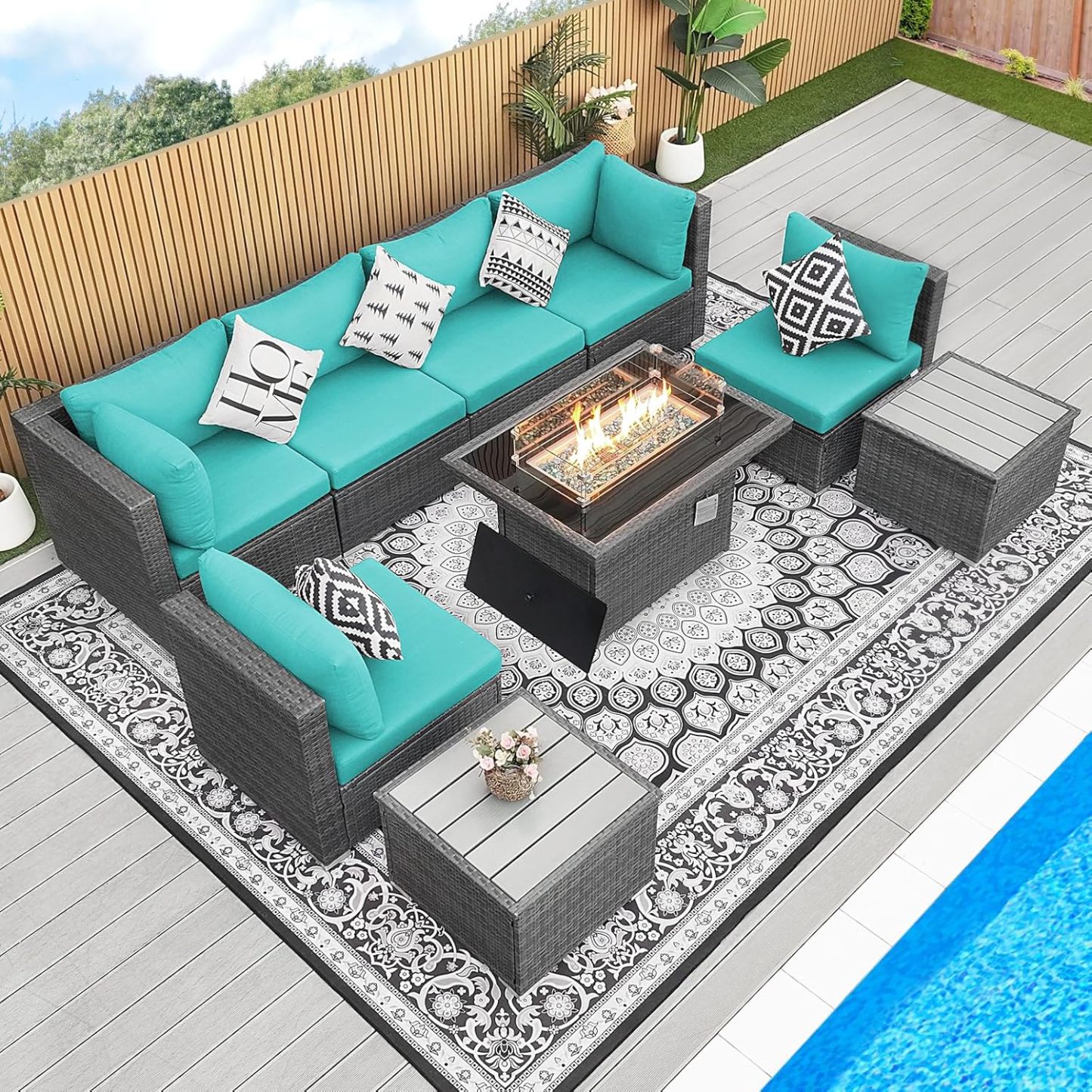 9 Piece High Back Grey Wicker Patio Furniture Set with Propane/Gas Fire Pit Table, Comfy Deep Wide Seat Outdoor Sectional Sofa