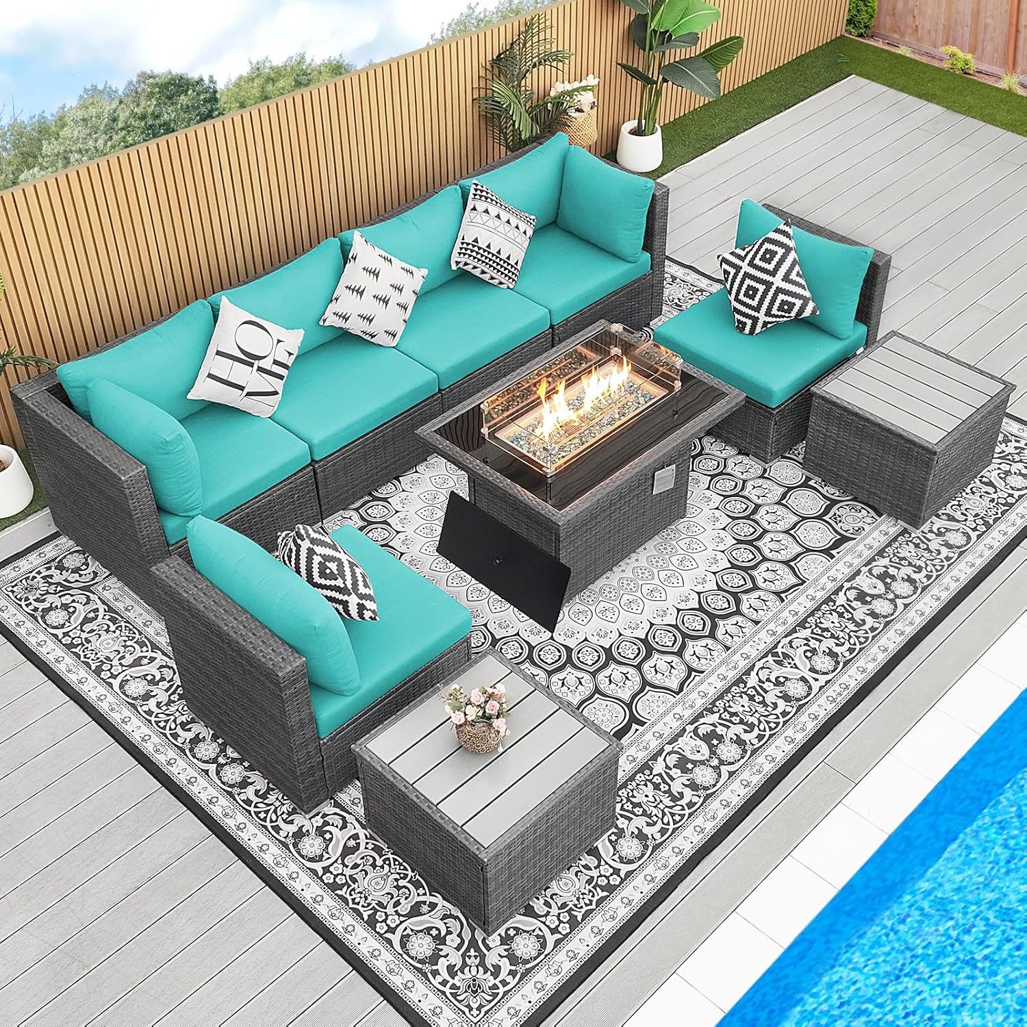9 Piece High Back Grey Wicker Patio Furniture Set with Propane/Gas Fire Pit Table, Comfy Deep Wide Seat Outdoor Sectional Sofa