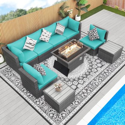9 Piece High Back Grey Wicker Patio Furniture Set with Propane/Gas Fire Pit Table, Comfy Deep Wide Seat Outdoor Sectional Sofa