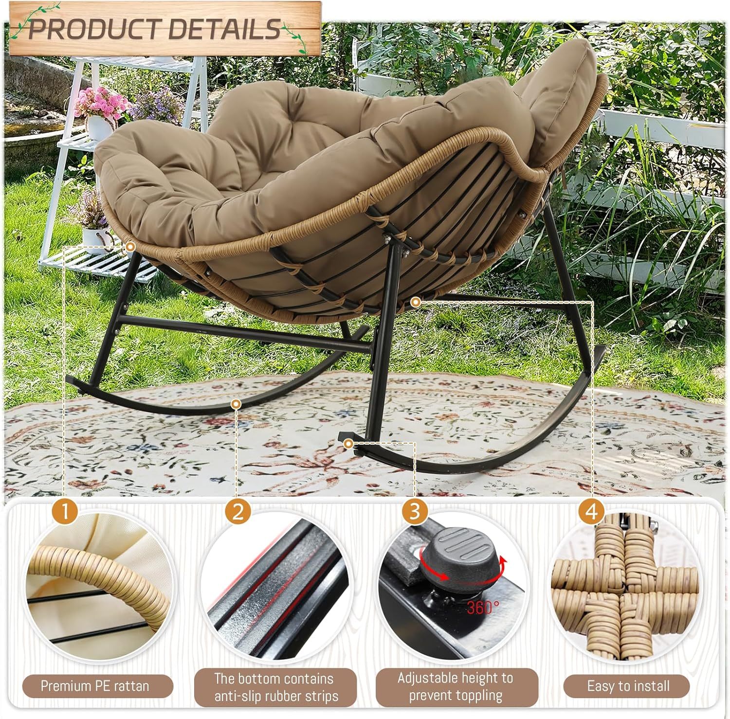 4 PCS Rocking Papasan Chair with Ottoman, 2 Person Patio Egg Rocker with Brown Cushion, Double Rocking Chair for Reading/Relaxing, Comfortable Wicker Recliner for Balcony, Porch, Garden