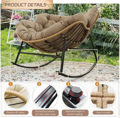 4 PCS Rocking Papasan Chair with Ottoman, 2 Person Patio Egg Rocker with Brown Cushion, Double Rocking Chair for Reading/Relaxing, Comfortable Wicker Recliner for Balcony, Porch, Garden