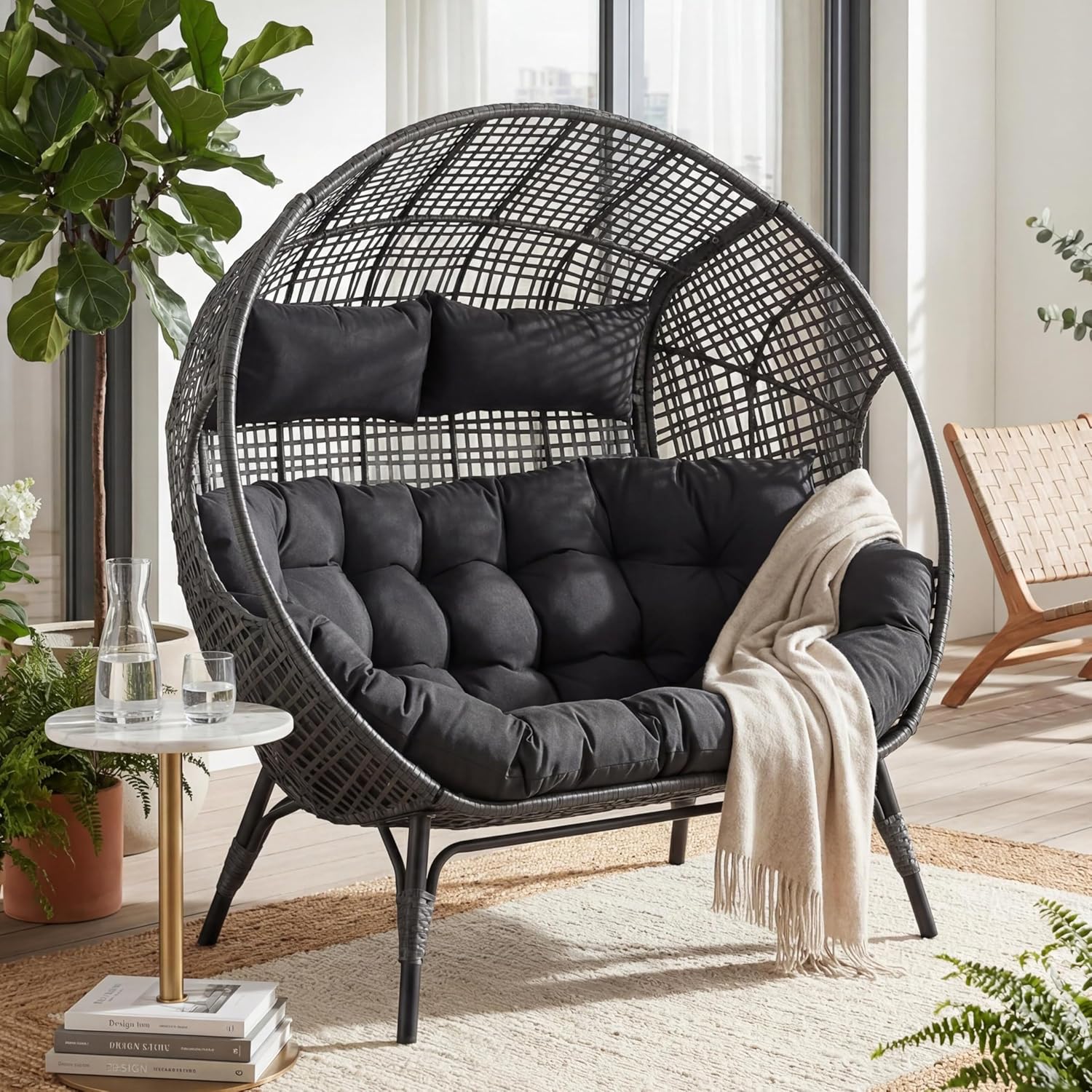 Double Egg Chair Indoor Outdoor 680lbs, 2 Person Brown Wicker Oversized Stationary Egg Chair with Beige Thick Cushion, Patio Wide Lounge Loveseat with Legs for Balcony