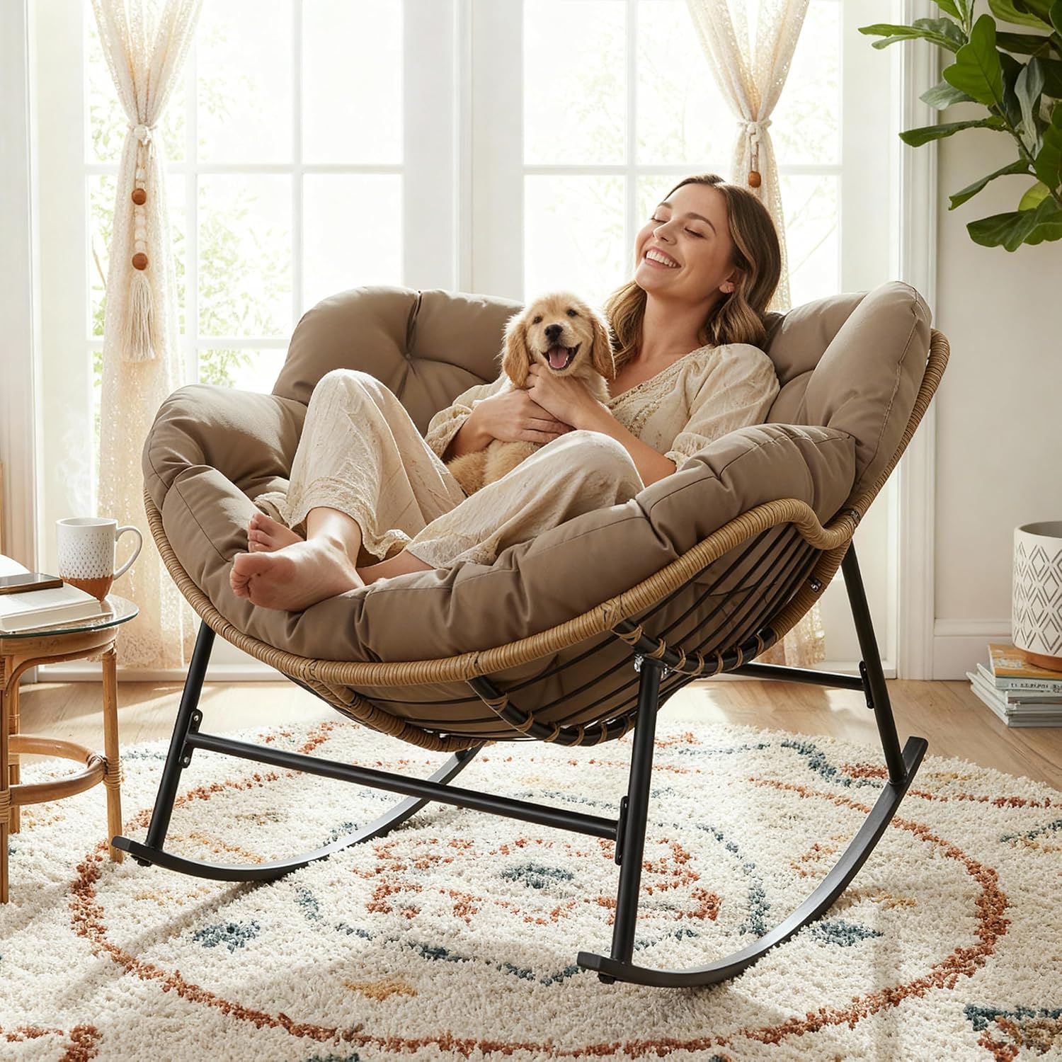 Outdoor Papasan Rocking Chair with Cushion and Frame, Oversized Large Patio Lounge Chairs, Rattan Comfy Egg Recliner Chair, 450 Lbs Capacity Glider Rocker