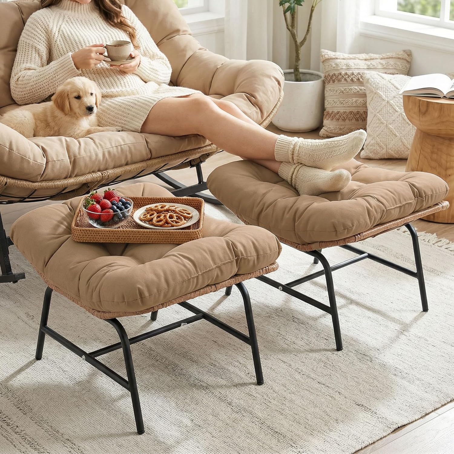 2 Pieces Outdoor Patio Ottomans, Multipurpose All Weather PE Rattan Ottoman Set, Indoor Outdoor Wicker Footrest with Removable Thicken Padded Cushions