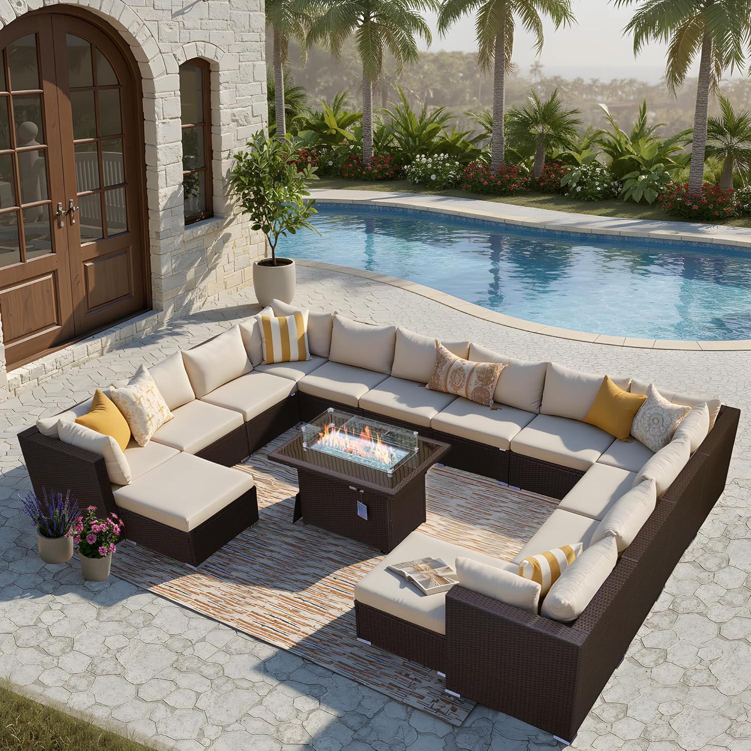 15 Piece Highback Wicker Patio Furniture Sets with Firepit, All-Weather Heavy Duty Outdoor Conversation Set Modular, Extra Deep Wide 14-Seats Sectional Couch Sofa for Backyard