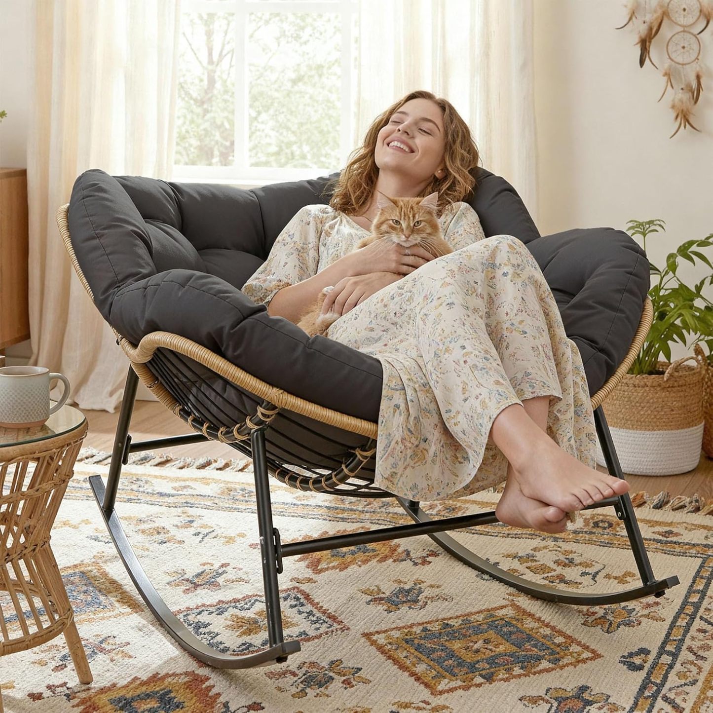 Outdoor Papasan Rocking Chair with Cushion and Frame, Oversized Large Patio Lounge Chairs, Rattan Comfy Egg Recliner Chair, 450 Lbs Capacity Glider Rocker