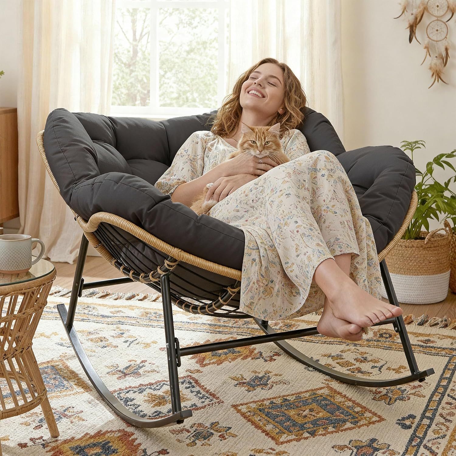 Outdoor Papasan Rocking Chair with Cushion and Frame, Oversized Large Patio Lounge Chairs, Rattan Comfy Egg Recliner Chair, 450 Lbs Capacity Glider Rocker