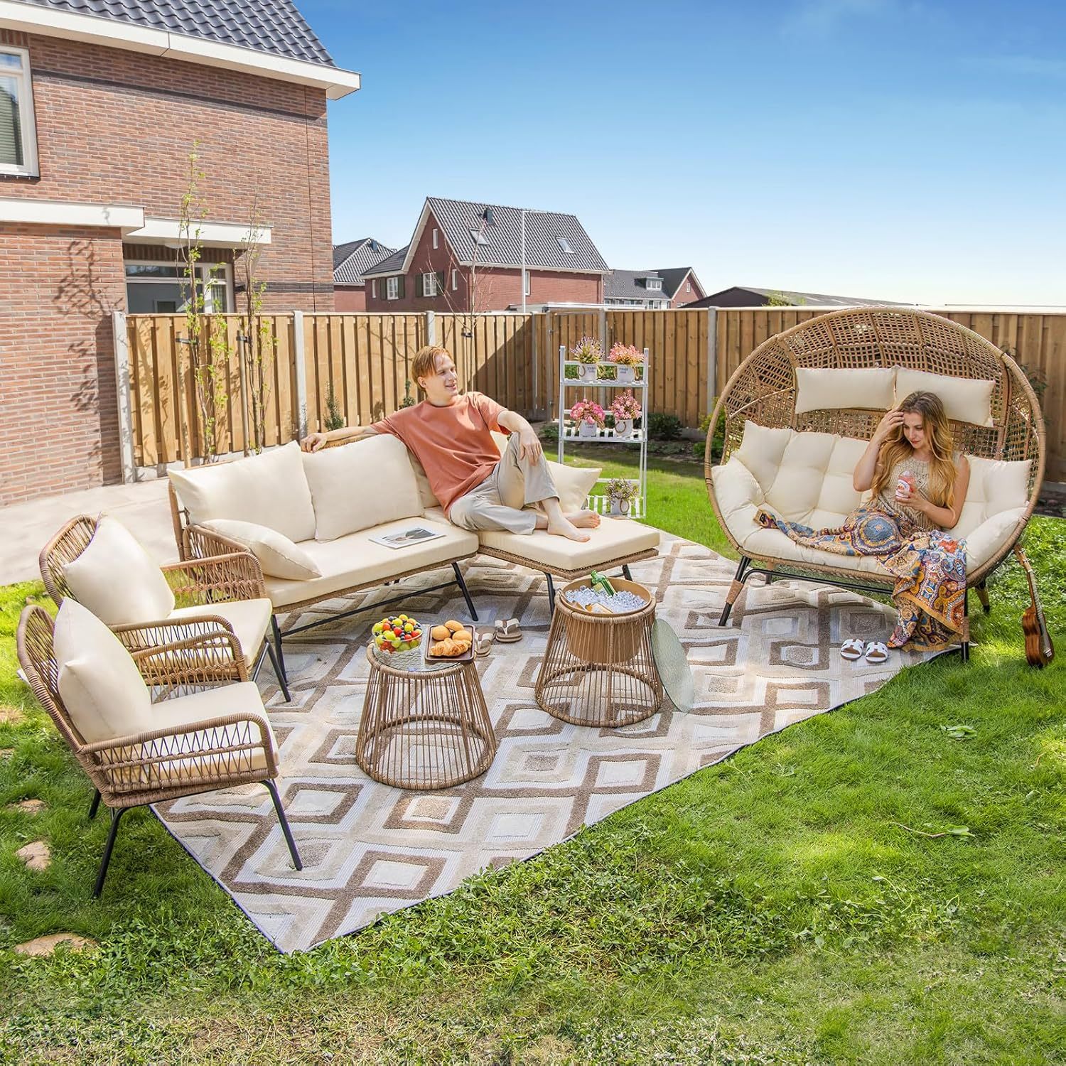 Beige Boho Outdoor Patio Furniture Sets with 2 PE Wicker Chairs, 2 Ottomans and 1 Side Table, Small Conversation Sectional Chair Sets for Backyard