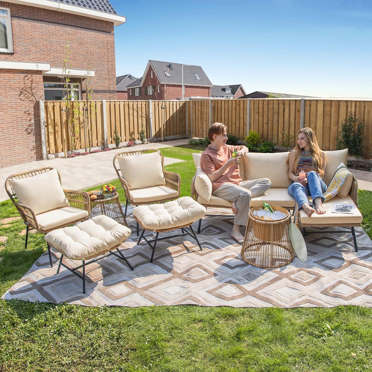 Beige Boho Outdoor Patio Furniture Sets with 2 PE Wicker Chairs, 2 Ottomans and 1 Side Table, Small Conversation Sectional Chair Sets for Backyard