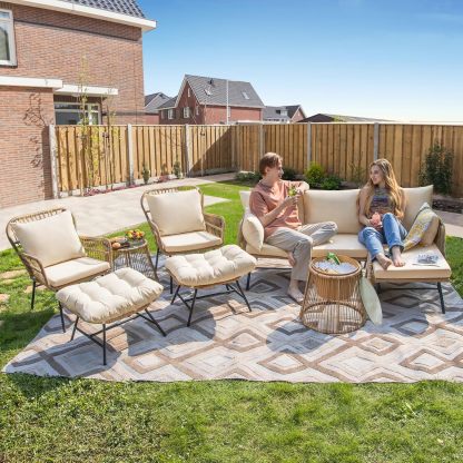 Beige Boho Outdoor Patio Furniture Sets with 2 PE Wicker Chairs, 2 Ottomans and 1 Side Table, Small Conversation Sectional Chair Sets for Backyard