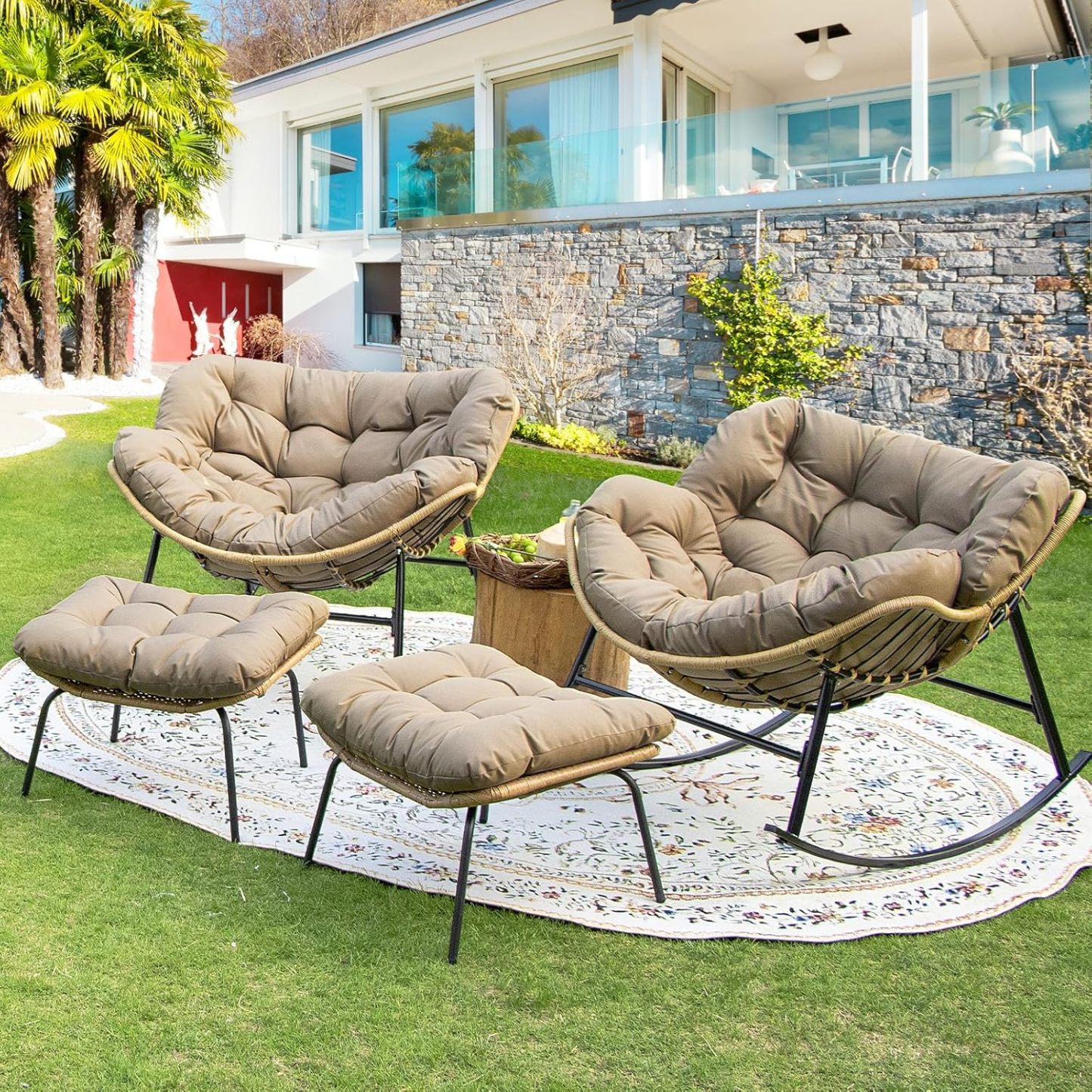 4 PCS Rocking Papasan Chair with Ottoman, 2 Person Patio Egg Rocker with Brown Cushion, Double Rocking Chair for Reading/Relaxing, Comfortable Wicker Recliner for Balcony, Porch, Garden