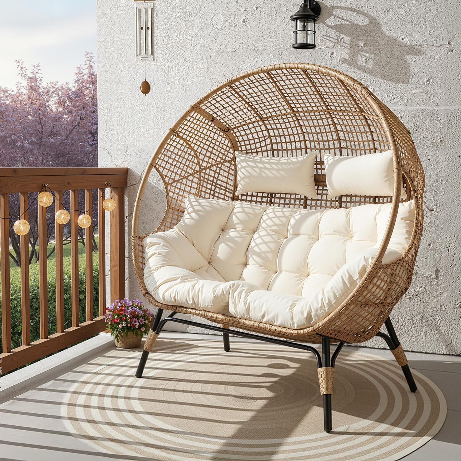 Double Egg Chair Indoor Outdoor 680lbs, 2 Person Brown Wicker Oversized Stationary Egg Chair with Beige Thick Cushion, Patio Wide Lounge Loveseat with Legs for Balcony