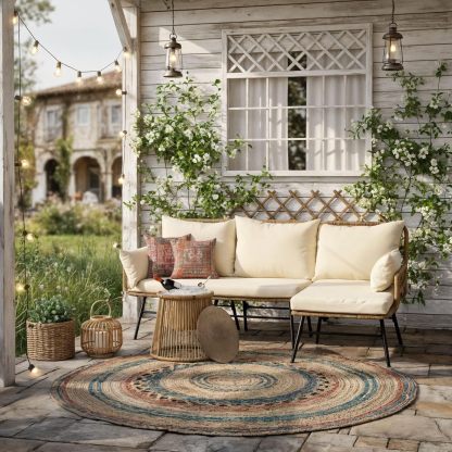 6 Pcs Boho Outdoor Patio Furniture Sets, L Shaped Natural Color Wicker Conversation Sectional Sofa w/Cozy Beige Cushion & Ice Bucket