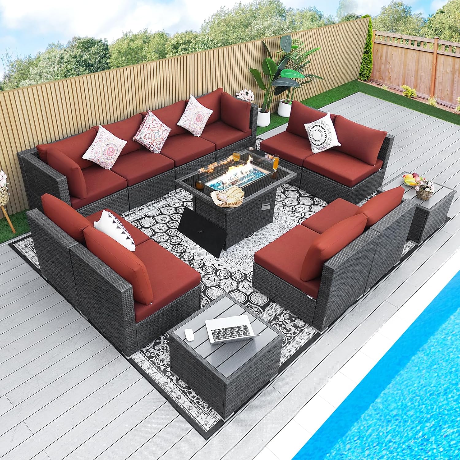 13 Piece High Back Grey Rattan Patio Set with Propane/Gas Firepit Table, Modern Extra Large Outdoor Furniture Wide Deep Seating Set