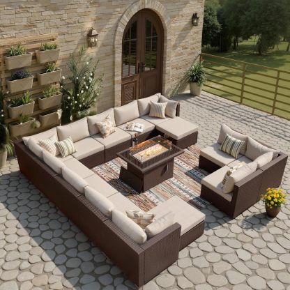 15 Piece Highback Wicker Patio Furniture Sets with Firepit, All-Weather Heavy Duty Outdoor Conversation Set Modular, Extra Deep Wide 14-Seats Sectional Couch Sofa for Backyard