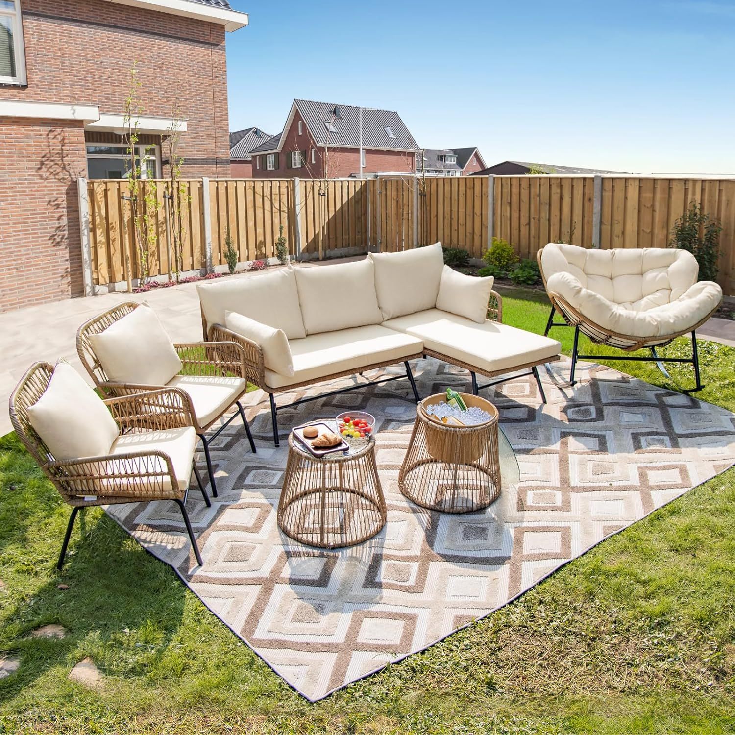 Beige Boho Outdoor Patio Furniture Sets with 2 PE Wicker Chairs, 2 Ottomans and 1 Side Table, Small Conversation Sectional Chair Sets for Backyard