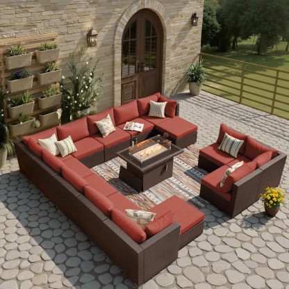 15 Piece Highback Wicker Patio Furniture Sets with Firepit, All-Weather Heavy Duty Outdoor Conversation Set Modular, Extra Deep Wide 14-Seats Sectional Couch Sofa for Backyard