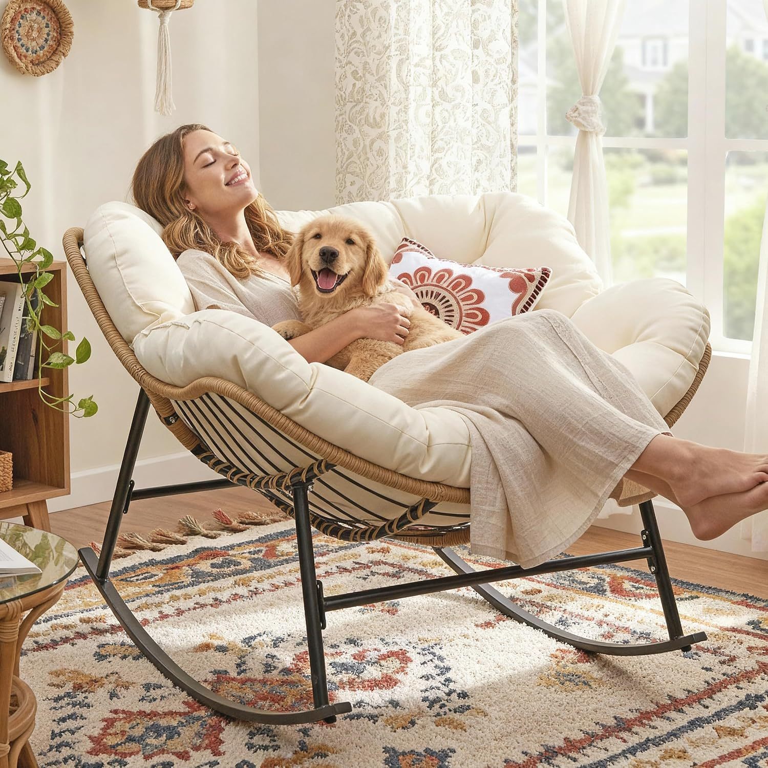 Outdoor Papasan Rocking Chair with Cushion and Frame, Oversized Large Patio Lounge Chairs, Rattan Comfy Egg Recliner Chair, 450 Lbs Capacity Glider Rocker