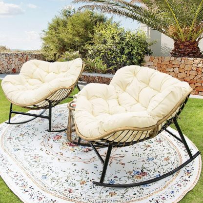 2 PCS Rocking Egg Chair Indoor Outdoor, Wicker Rattan Rocking Papasan Chairs with Thick Cushion, 450 Lbs Extra Wide Patio Rocker, Outdoor Furniture for Balcony