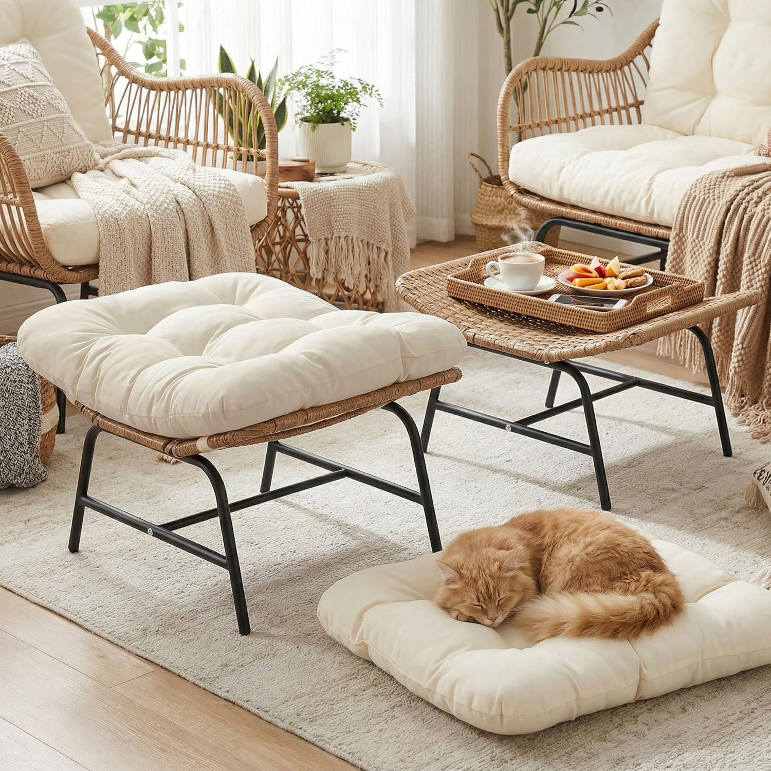 2 Pieces Outdoor Patio Ottomans, Multipurpose All Weather PE Rattan Ottoman Set, Indoor Outdoor Wicker Footrest with Removable Thicken Padded Cushions