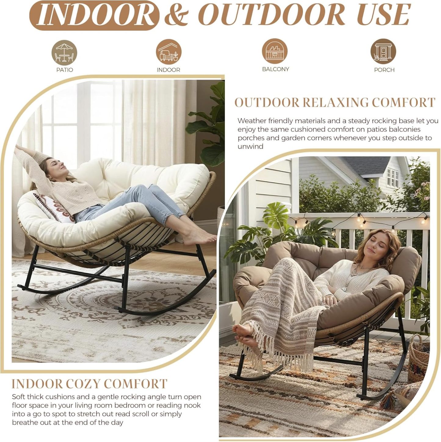 Outdoor Papasan Rocking Chair with Cushion and Frame, Oversized Large Patio Lounge Chairs, Rattan Comfy Egg Recliner Chair, 450 Lbs Capacity Glider Rocker