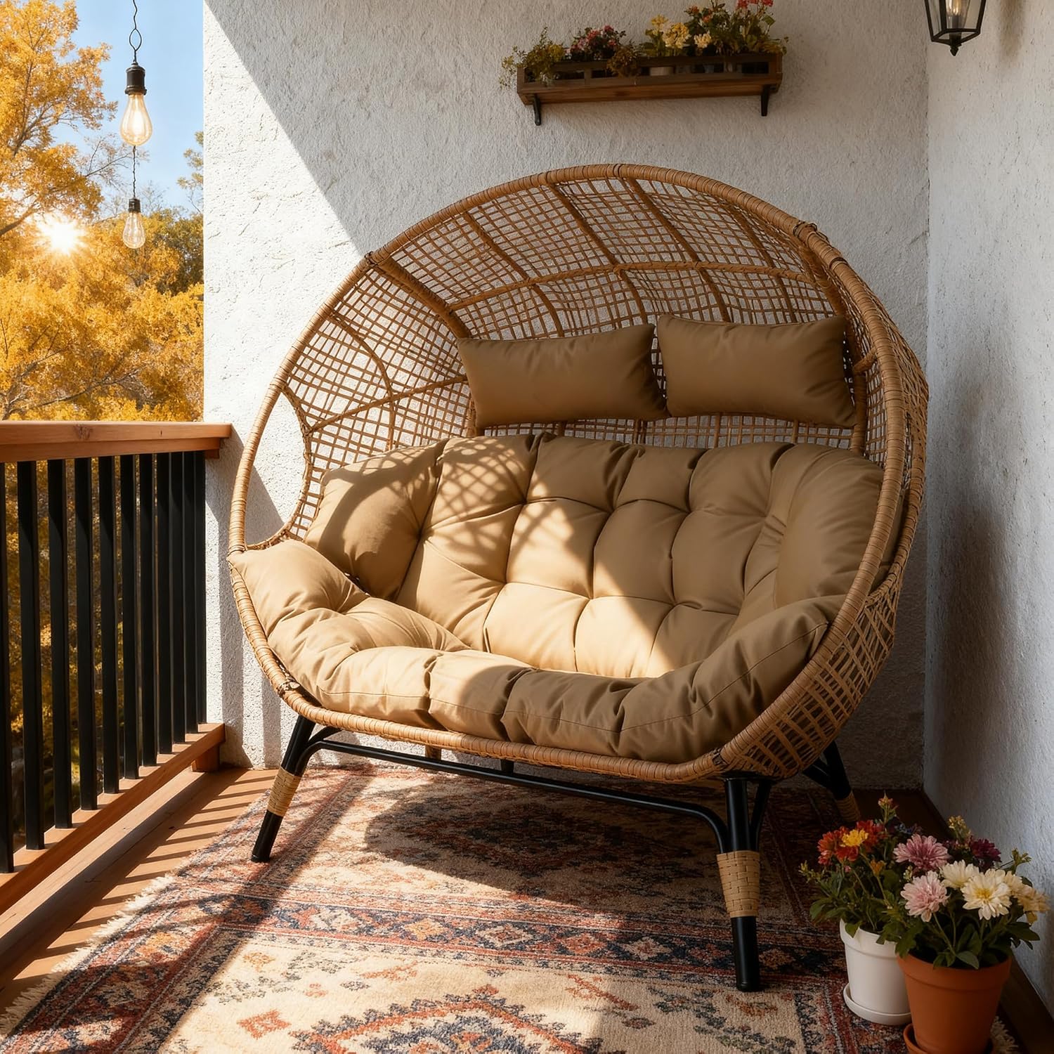 Double Egg Chair Indoor Outdoor 680lbs, 2 Person Brown Wicker Oversized Stationary Egg Chair with Beige Thick Cushion, Patio Wide Lounge Loveseat with Legs for Balcony