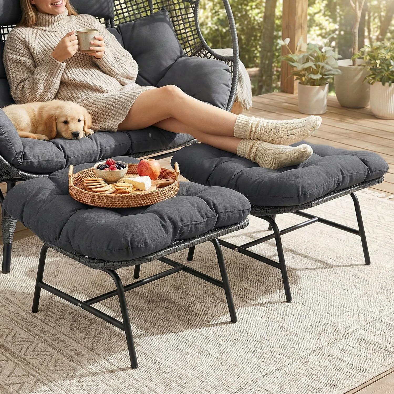 2 Pieces Outdoor Patio Ottomans, Multipurpose All Weather PE Rattan Ottoman Set, Indoor Outdoor Wicker Footrest with Removable Thicken Padded Cushions