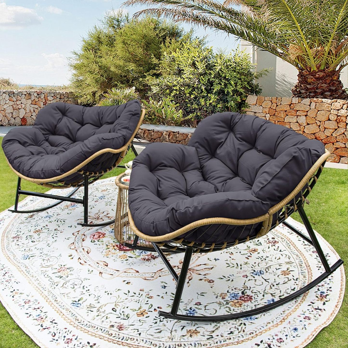 2 PCS Rocking Egg Chair Indoor Outdoor, Wicker Rattan Rocking Papasan Chairs with Thick Cushion, 450 Lbs Extra Wide Patio Rocker, Outdoor Furniture for Balcony